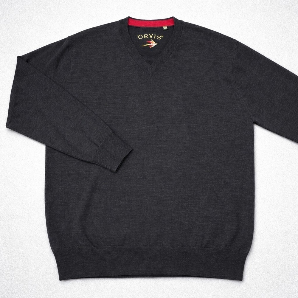 Vintage ORVIS 100% Merino Wool V-Neck Men's Large Charcoal Gray Pullover Sweater